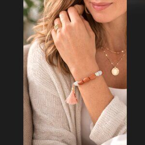 J. Jill Beaded Bracelet Frosted Glass Wood Tassel Cord Adjustable Boho Earth NWT